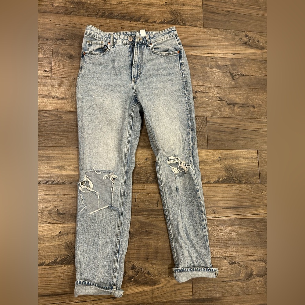 Blue Straight Leg Distressed Jeans with Whiskering